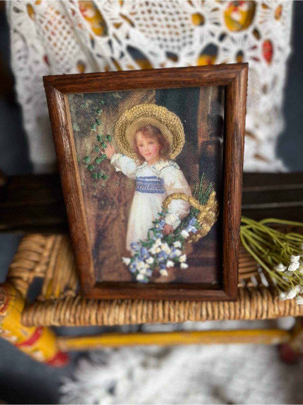 Wooden Framed Vintage-Style embroidered accents Floral Girl Print - Brown